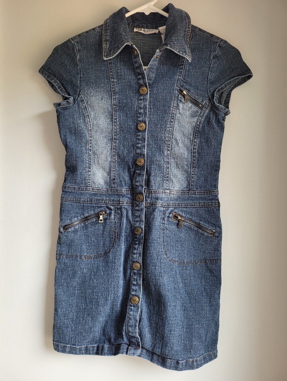 Selfesteem Girls Denim Button-Front Short Sleeve Dress in Washed Blue Size 10-12